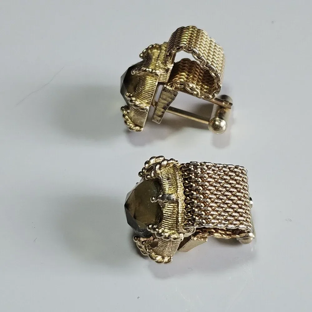 Swank Vintage Gold Tone Metal Champagne Colored Glass Cufflinks